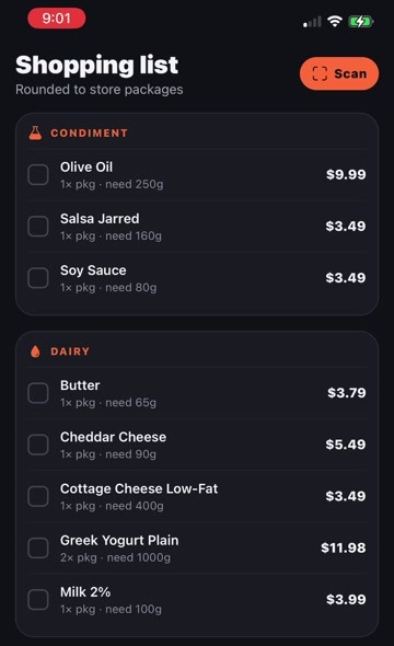 BWMP shopping list screen